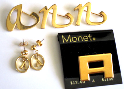 Goldtone Initial Jewelry Lot: Ann Letters A N N Pins, Monet Brooch, Earrings