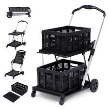Folding Grocery Cart on Wheels - Portable, 2 Tier Rolling Cart, 2 Cargo Box
