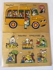 Vintage 1984 Fisher Price Wooden Puzzles Nursery Rhymes  School Bus Lot Of 2