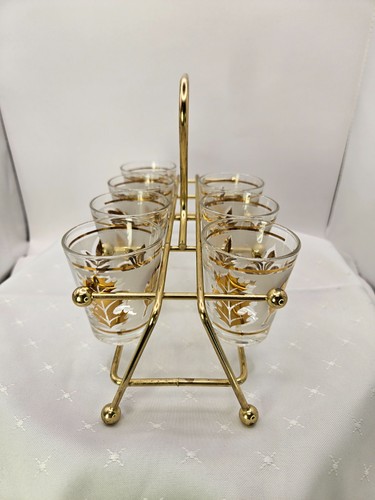 Vintage MCM 7 Frosted Shot Glasses Gold Foliage with Carrier Caddy - Picture 3 of 13
