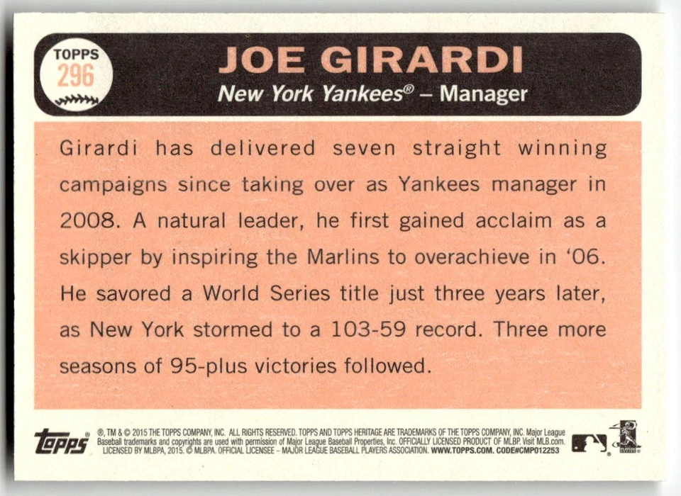 2015 Topps Heritage #296 Joe Girardi New York Yankees Baseball - Image 2 of 2