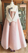 Korean Traditional Silk Hanbok 7p Full Set  Ivory  Light Pink/Undergarments Bag