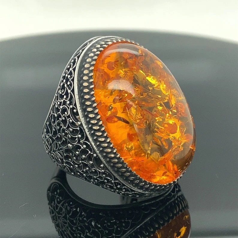 Man Silver Large Amber Stone Orange Gemstone Ring - Image 3 of 4