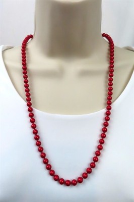 Oops A Daisy Red Round Enamel Metal Beads Necklace 25'' Long Gold Tone Vintage