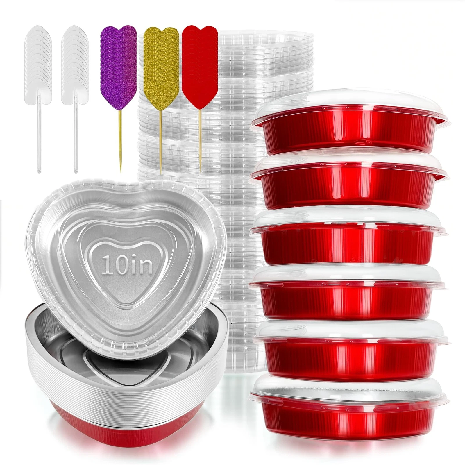 yeload 24-Pack 10 Inch Heart Shaped Aluminum Foil Cake Pans with 33oz, Red