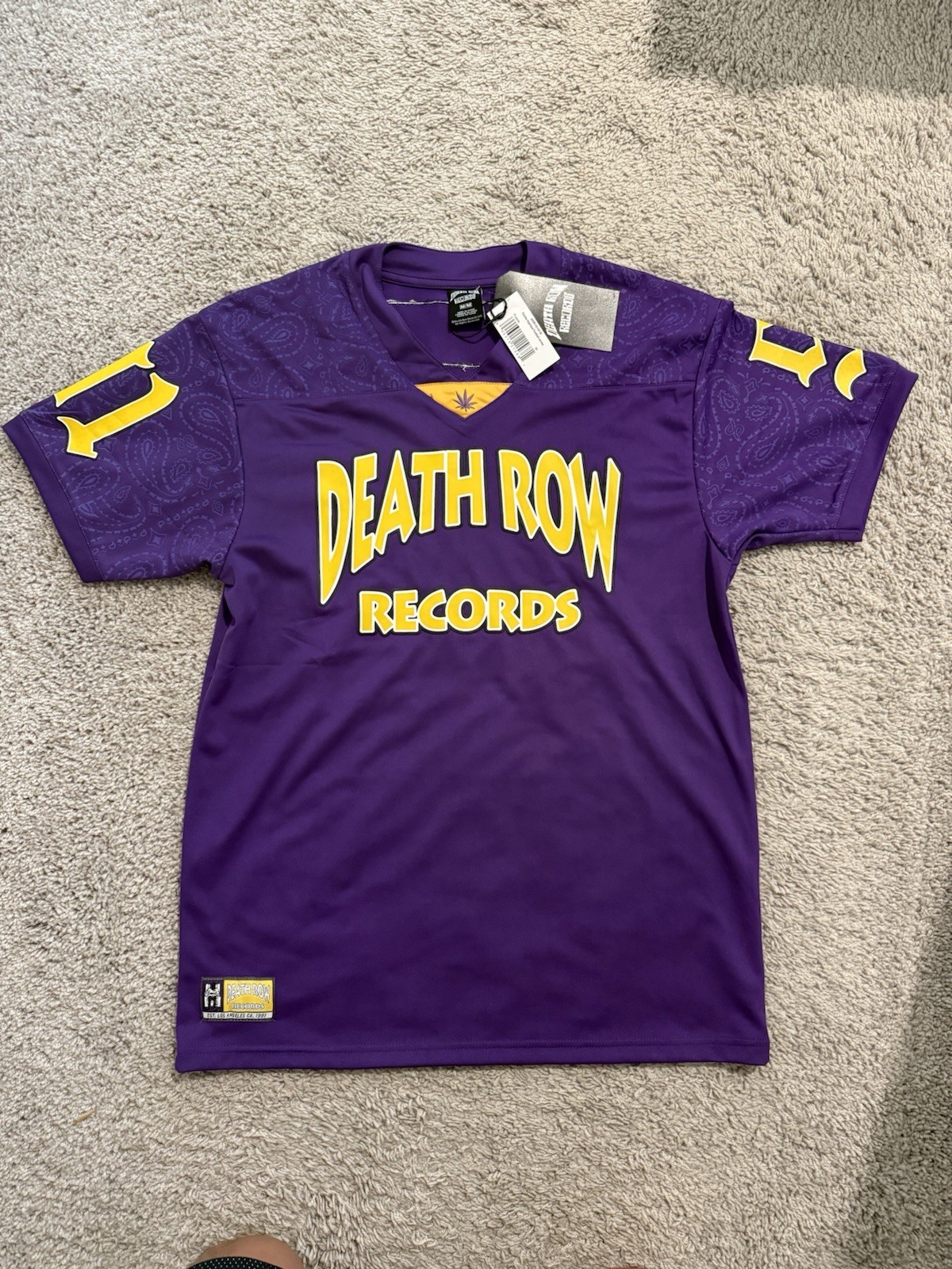 FILA Maglia calcio Death Row Records Los Angeles #91 uomo media viola paisley nuova con etichetta