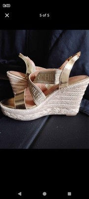 Tommy Hilfiger Gold/Beige Logo Wedge Sandals Ankle Strap Buckle US 7