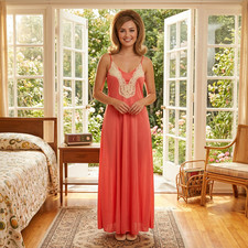 Vtg 70s coral ivory lace sleeveless long maxi nightgown dress