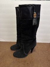 GUCCI Black Suede Bamboo Gold Tassel Tall Boo...