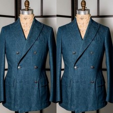Vintage Denim Men's Suits Peak Lapel Double Breasted Party Prom Men Blazers
