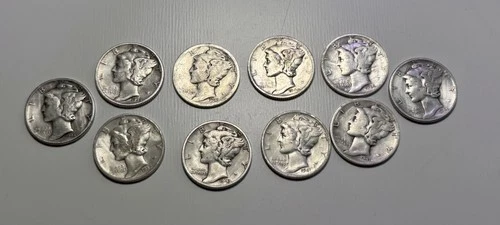 Lot of 10 Mercury Dimes 1918–1944 | 90% Silver | Includes Early 1918 Coin