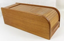 14" Vintage Kalmar Teak Wood Tambour Roll Top Recipe Index Card Holder Box