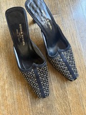 Sonia Rykiel Black Mules Suede with Gold Filigree Kitten Heel Shoes Size 5.5