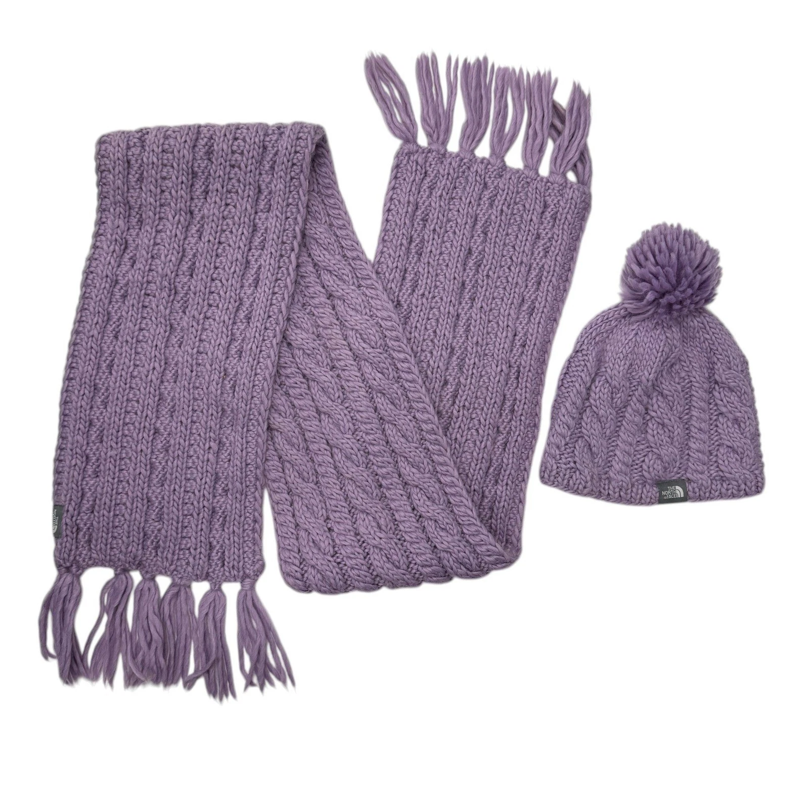 The North Face Purple Cable Knit Wool Blend Scarf and Pom Beanie Set One Size
