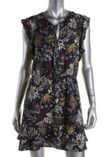 WAYF ~ Navy Floral Blouson Keyhole Tiered Ruffle Hem Shift Dress M NEW $69