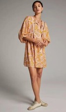 Anthropologie Agathe XS Lace Mini Dress Lace Neck Tie Tassels Pink Gold