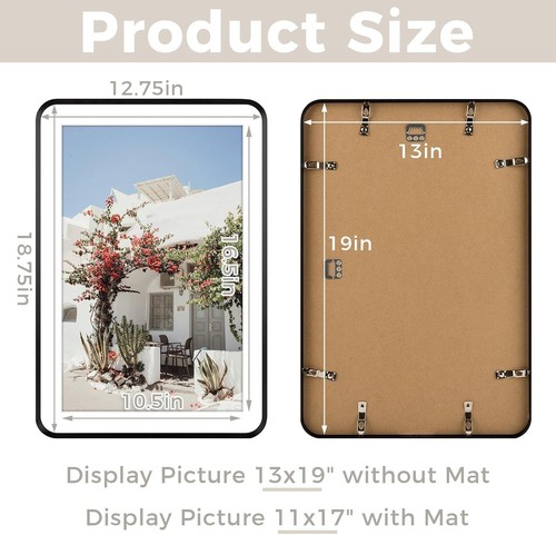13x19 Aluminum Picture Frame Black - With Round Corners with Mat for 11x17 Photo - Picture 5 of 5