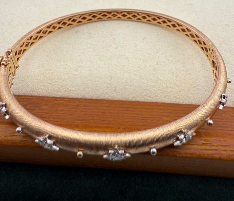 18k Solid Gold Open Bangle Cuff Diamond Bracelet … - image 2