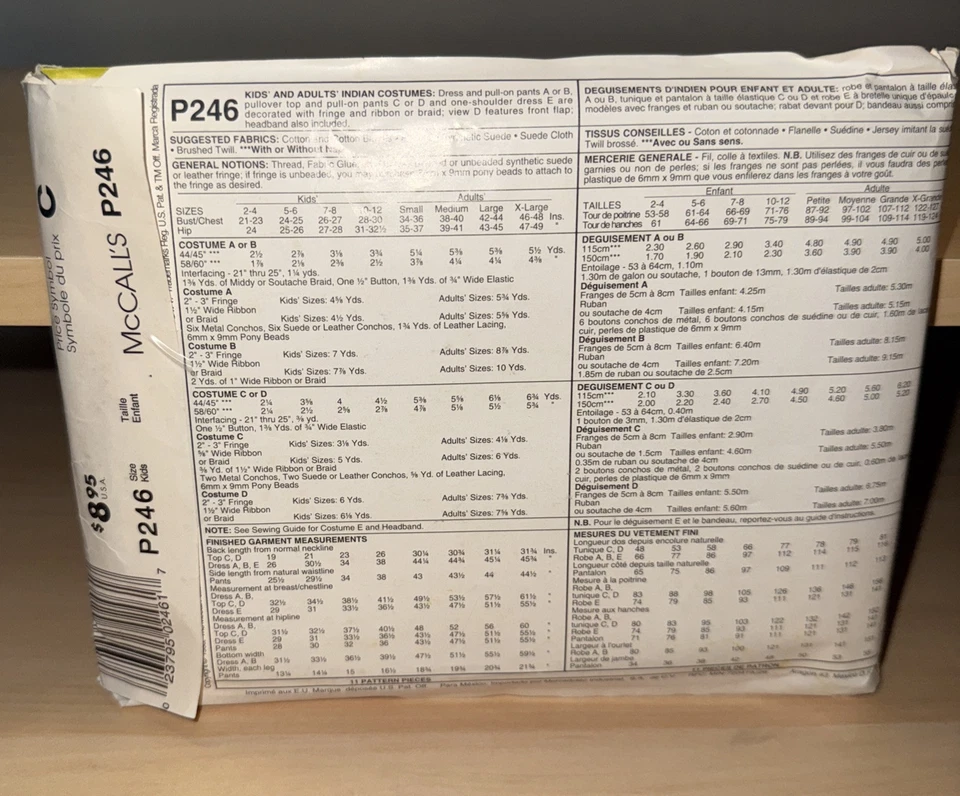 Adult & KIDS Indian Costumes" ©1995 McCalls Costumes P246 Kids 2-12 Adult-sm-xlg - Image 2 of 2