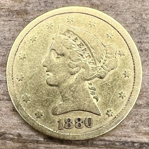 1880 $5 Gold Carson City Half Eagle Liberty Coin Ungraded -Worn Condition