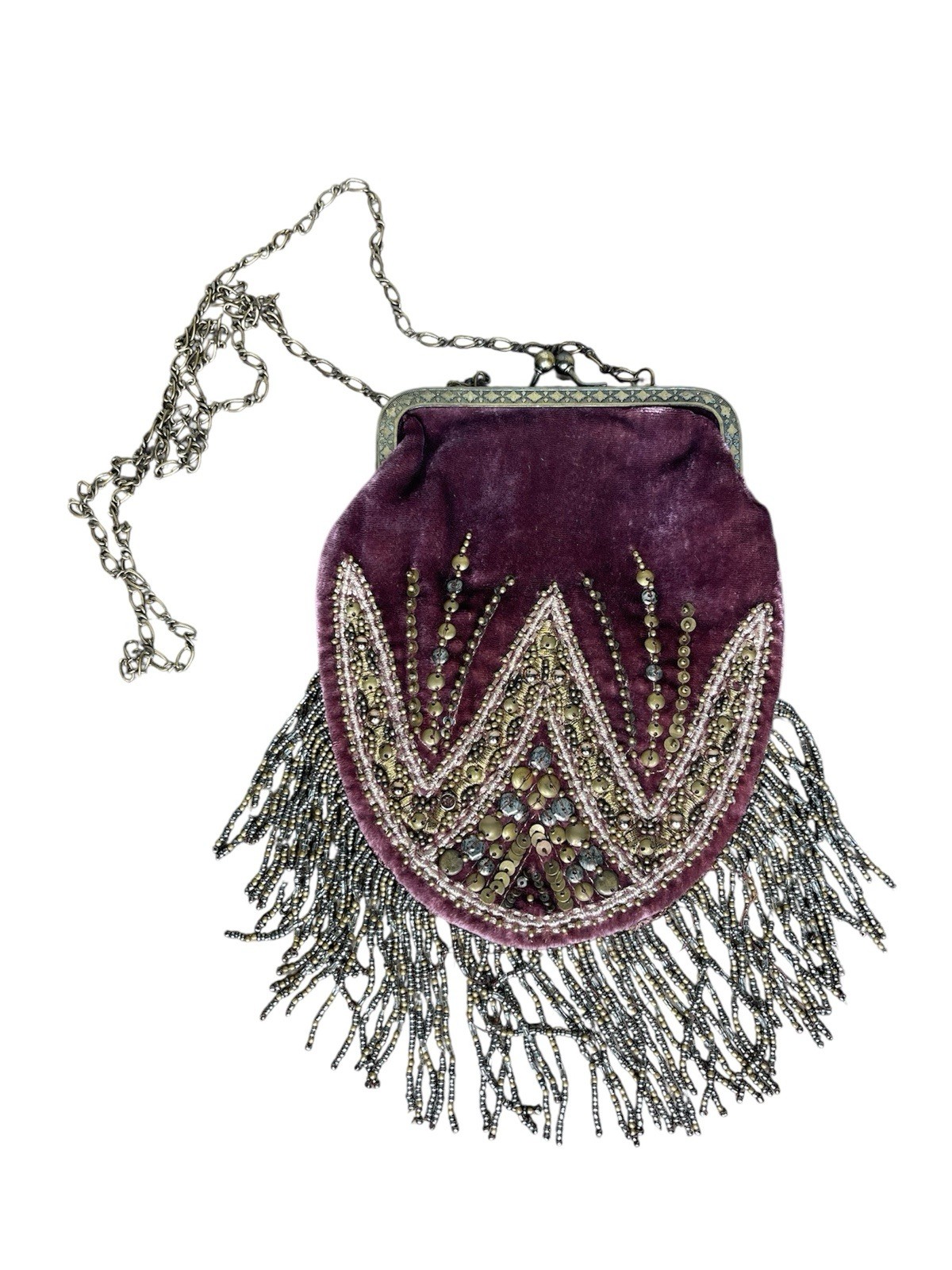 Free People Vintage Boho Gold Beaded Sequin Tassels Kisslock Evening Bag Clutch
