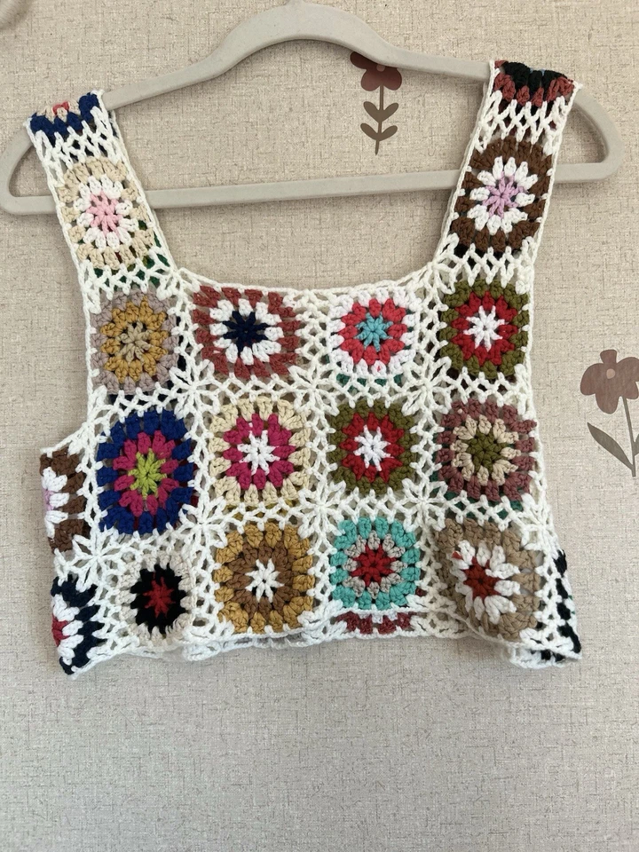 Вязание крючком пряжи без рукавов укороченный верхний цветочный бабушка квадратный Майка богемное O/S - Изображение 2 из 2