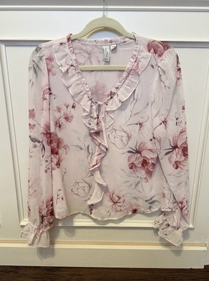 Joie Blouse Women s Size Medium Pink Gray Chiffon Floral Puff Long Sleeve Ruffle