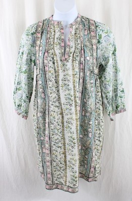Lola Australia Women's Blue Pink Multi Floral Print Cotton Pleated Shift Dress L