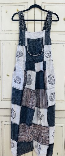 Patchwork Overalls Jumpsuit Handmade Hippy Festival Pockets Black & White E2