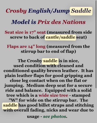 Crosby Prix des Nations English Jumping Saddle Brown Leather 17" Wide Tree
