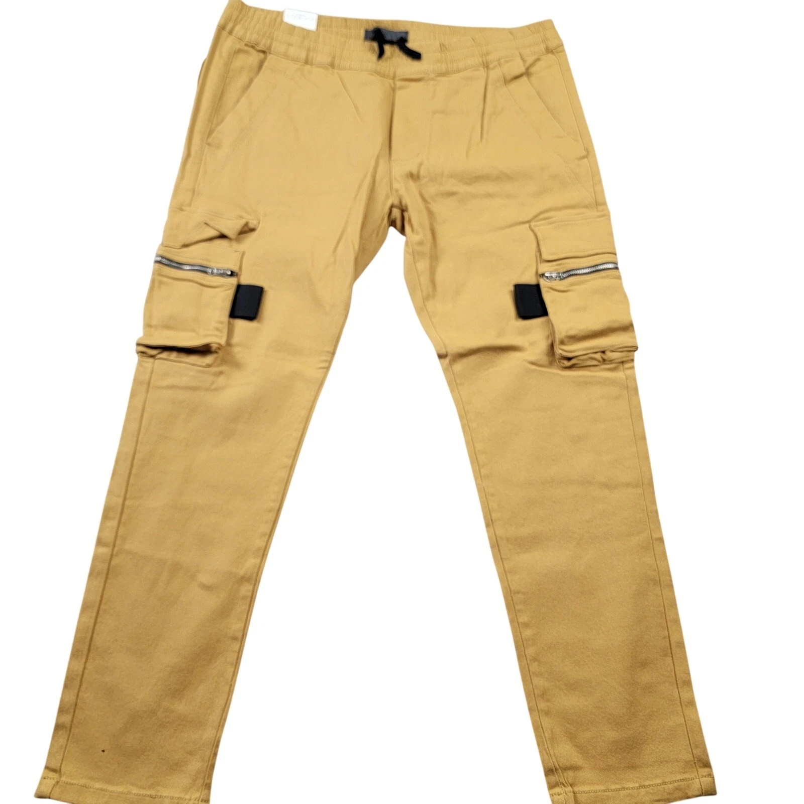 KDNK Mens Skinny Cargo Jogger Pants 3XL Mustard Zip Pockets Drawstring NWT