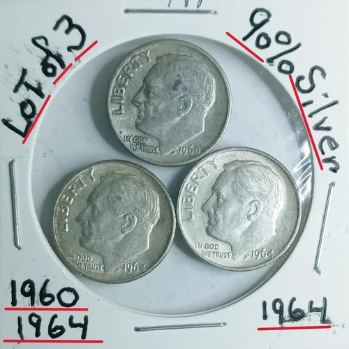 Lot of Roosevelt Dimes 90% Silver 1960-1964-1964 VG Condition Look @ & Judge Gem