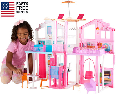 3-Story Townhouse Dollhouse with Elevator, Swing Chair, Furniture and Accessori