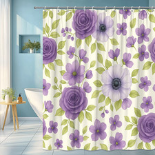 Floral Purple Shower Curtain with Green Leaves - Elegant Bathroom Decor