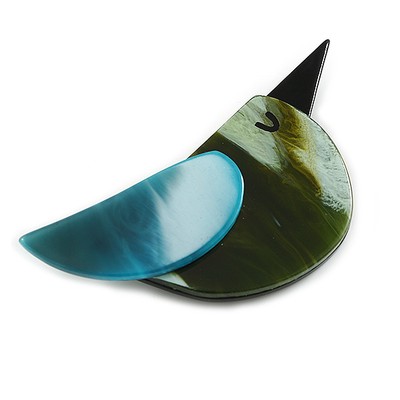 Funky Acryl Vogel Brosche in grün/weiß/schwarz - 80 mm quer