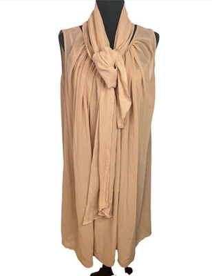 NWOT Stile Benetton Chiffon Swing Shift Dress Sz M 3 Piece Scarf Tan Mini Pleat