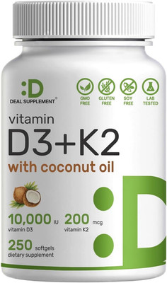 DEAL SUPPLEMENT Vitamin D3 10,000 IU + K2 MK7 200Mcg Softgels, 250 Count | 2-In-