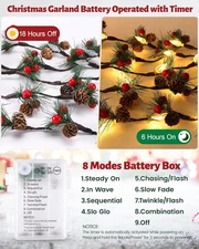 Christmas Garland with Lights,7Ft Pinecones Christmas String Lights with Red ...
