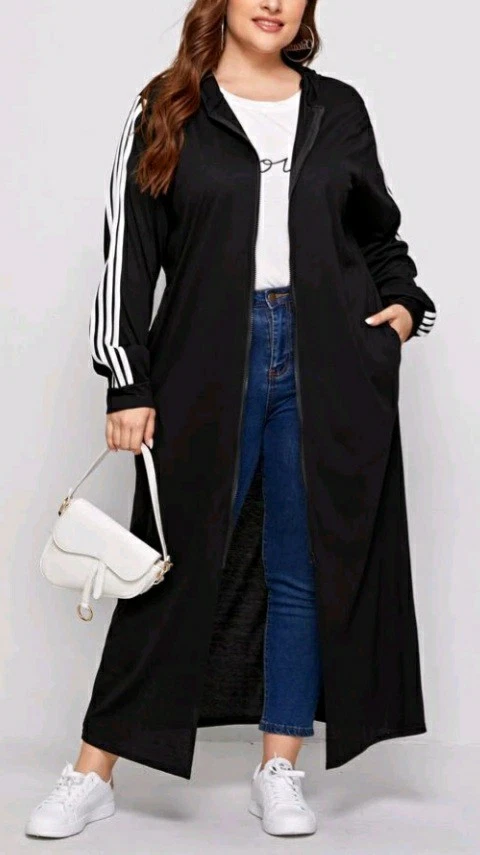 Black Sport Stripes Jersey Longline Hooded Jacket Coatigan Coat Duster 16-18