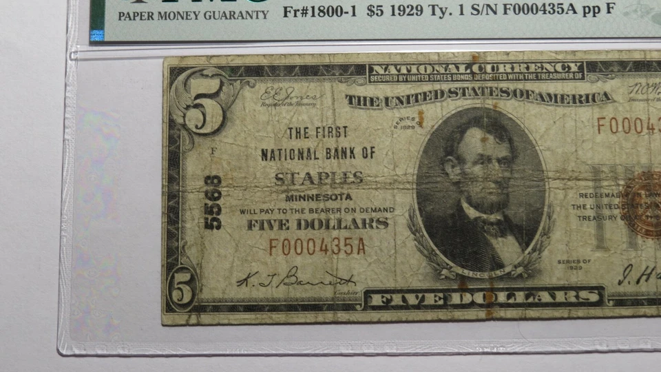 $5 1929 Staples Minnesota MN National Currency Bank Note Bill Ch #5568 VG10 PMG - Image 2 of 4