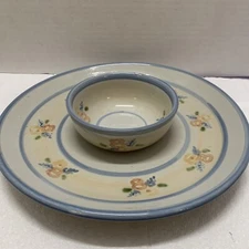 Louisville Stoneware Chip and Dip Dish Plate Floral Design Heavy One Piece