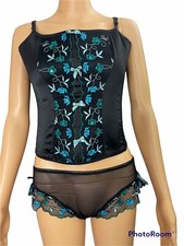 Vtg DELICATES BUSTIER  PANTY Set Top L 38 Bikini Sz 6 Black Blue Camisole NWT