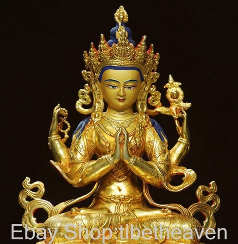 13.2" Old Chinese Buddhism Copper Gilt 4 Hands Maha Cundi Mother Buddha Statue - Picture 6 of 9