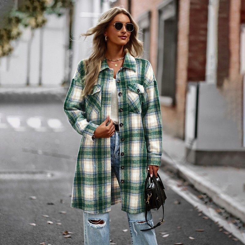 Women Long Plaid Shirt Blouse Warm Button Down Coat Retro Jacket Top Casual  Coat