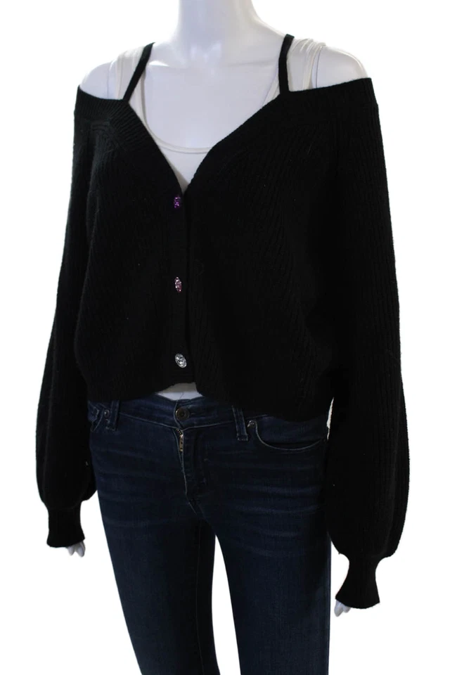 Cárdigan Cami NYC Mujer Negro Cuello en V Lana Merino Botón Talla M Foto 2 de 4