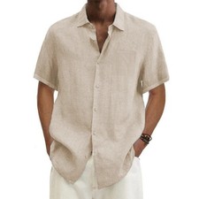 men Cotton Linen Hot Sale Men's Short-Sleeved Shirts Summer Solid Color