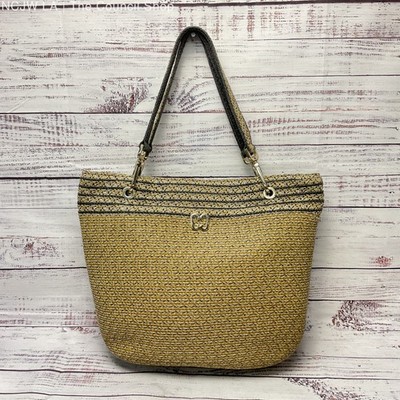 Eric Javits Squishee Beige Black Woven Raffia Tote Shoulder Bag