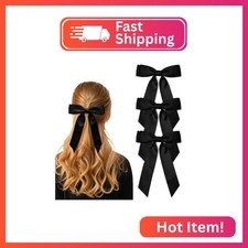 3Pcs Black Hair Bows for Women Double-Layer Long Tail Bow Hair Clip Hair Ribbon