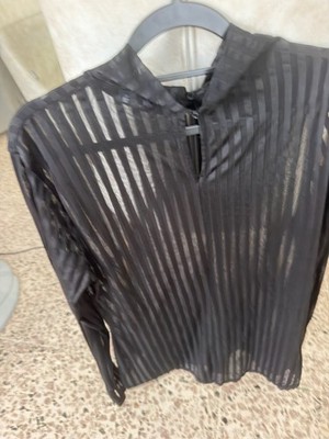Black Sheer Striped Hooded Long Sleeve Mesh See Through Shirt XXL