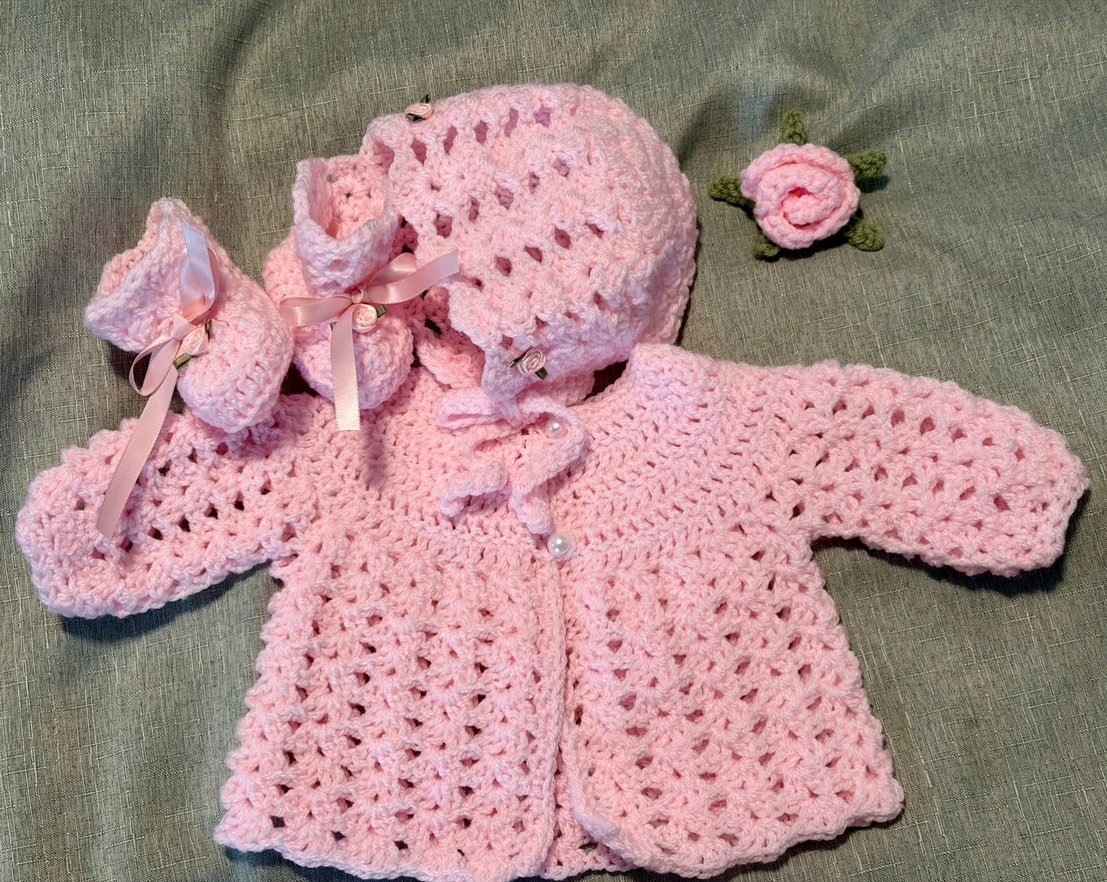 Handmade Newborn Crochet Pink Sweater Hat Booties 3pc Set Bow Button
Opens in a new window or tab